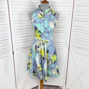 Closet London Floral Keyhole Cotton Sleeveless Skater Dress Blue 4